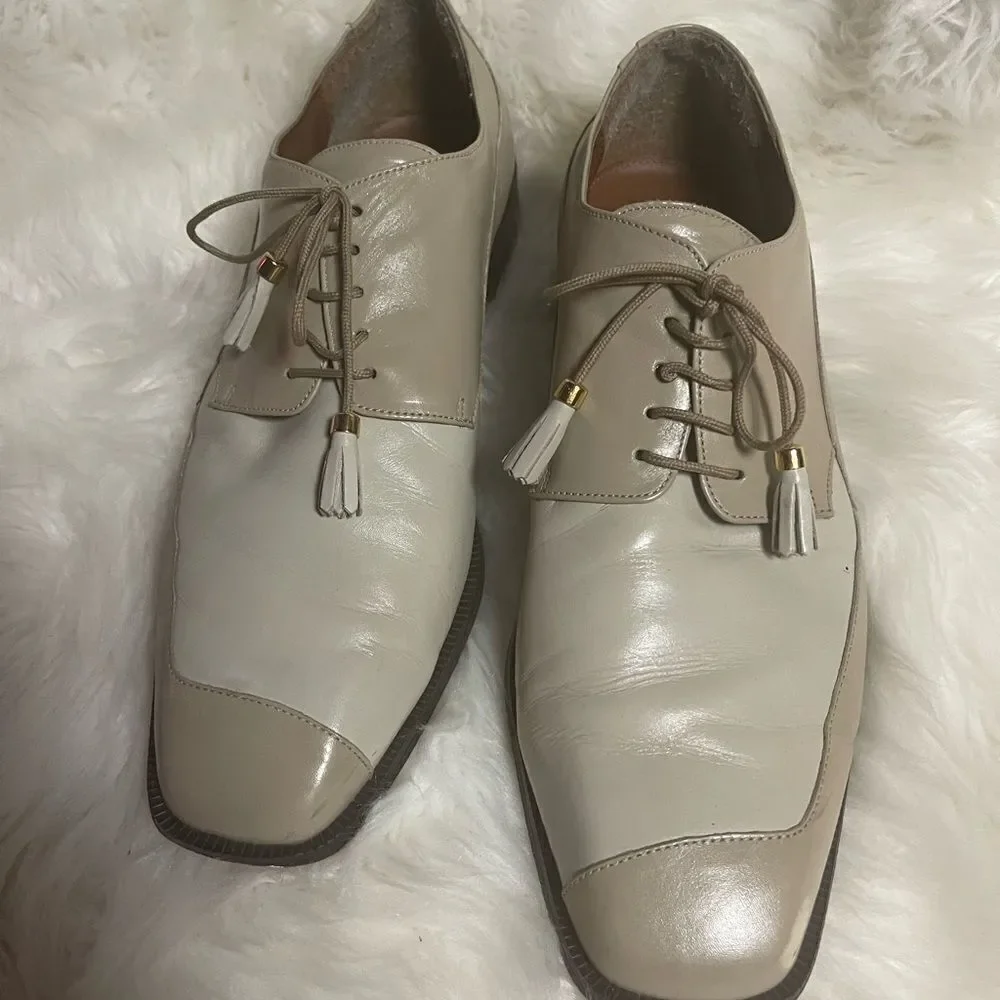 Marco Vicci leather beige and taupe men’s shoes lace with tassel accent SZ13M